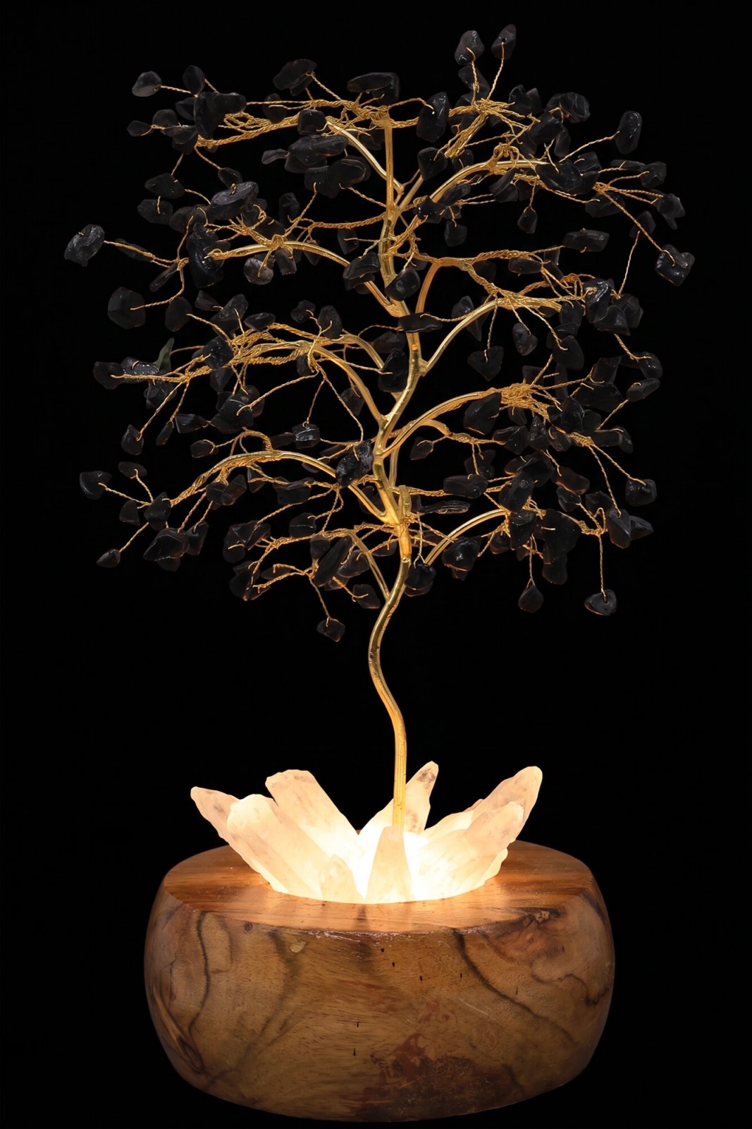 Arbre du Bonheur lumineux Tourmaline Noire sur base en Cristal de Roche